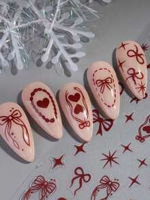 Red Bow & Heart-Shaped Nail Stickers, Valentine's Day Stickers, Red Bow Star-Chain Diamond Pattern, Sweet French Festival Red Bow Nail Stickers, Bow Nail Stickers, Red Heart-Shaped Nail Stickers, Y2K Design Style Nail Stickers
