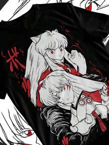 Sesshomaru-Shirt Red Moon Inu Yasha Anime Black Short Sleeve Soft Tee - 黑色 - 查看 1