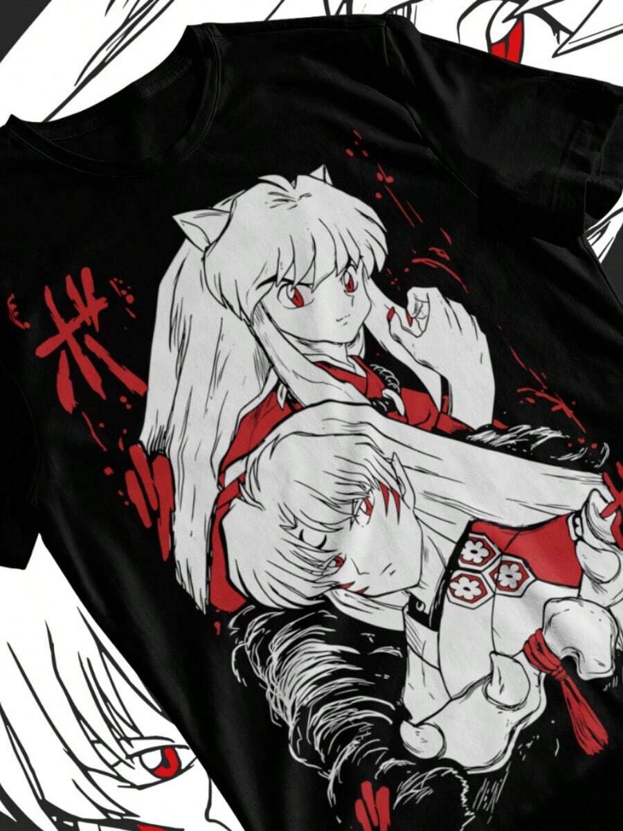 Sesshomaru-Shirt Red Moon Inu Yasha Anime Black Short Sleeve Soft Tee - 黑色 - 查看 1