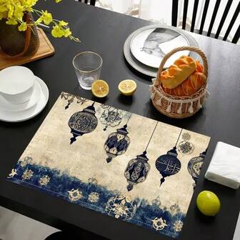 4pcs Ramadan Theme Placemats, Blue Lantern Pattern Design. Suitable For Gatherings, Dining And Holiday Decoration. Size 30x45cm, Applicable For Home Decor, Holiday Table Decor, Farmhouse Holiday Decor, Farmhouse Style Decor, Washable Pad, Durable Material, Holiday Table Decor And Home Entertainment.