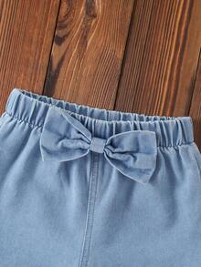 2 Stück Neugeborene Baby Mädchen Lässiger süßer Stil Rundhals Einreiher Jeans Weste Top kombiniert mit 3D Schleife Design Destroyed Jeans Shorts Set, Frühling/Sommer - Helle Waschung - Übersicht 7