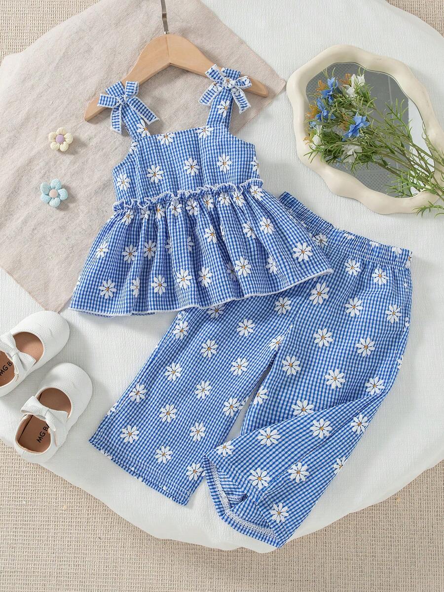 春夏女婴可爱格子蝴蝶结雏菊印花吊带背心搭配高腰宽松雏菊印花长裤，打造度假乡村风穿搭 - 藍色 - 查看 1