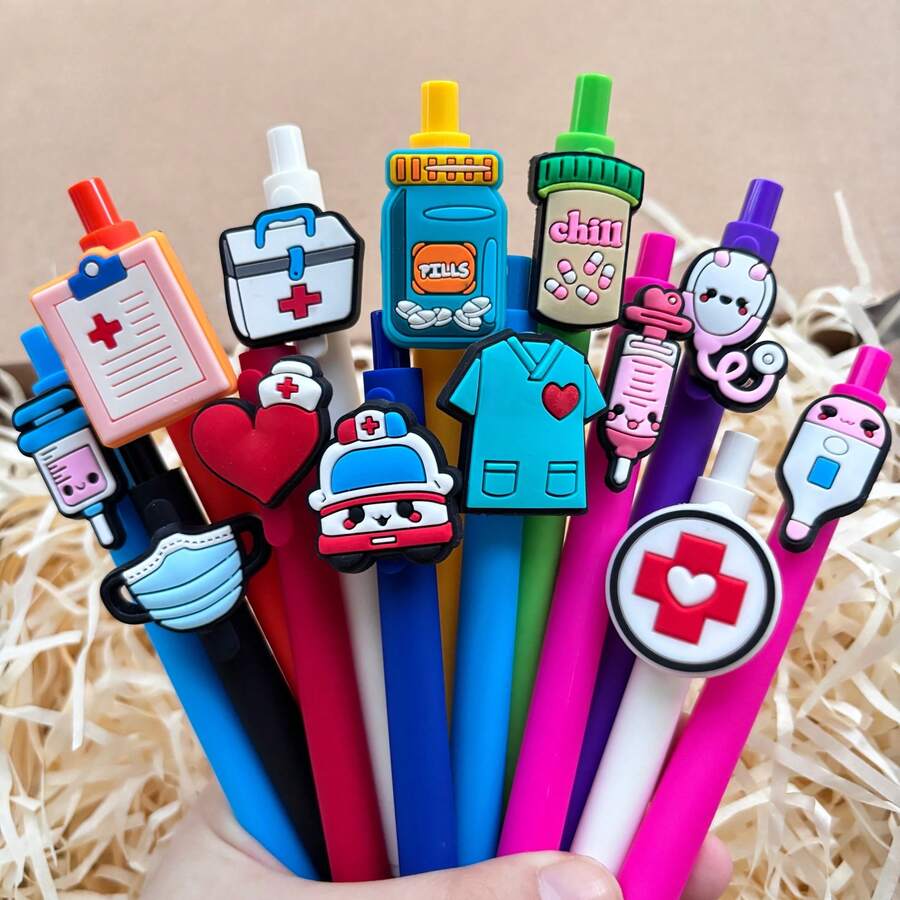 6/12pcs Creative Nurse Doctor Pens, Retractable Candy Color Medical Theme Ballpoint Pens, Suitable For Doctor, Nurse, Medical Assistant And Student Gifts, Medical Pen Set, Random Style - Black - View 1