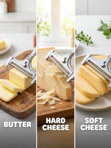 这款可调节厚度的奶酪切片器硬度高、经久耐用、耐腐蚀、磨损小，适用于家庭、餐厅、户外露营和烘焙等多种场合。可调节旋钮设计和舒适的手柄使其操作更加便捷，是厨房中实用的小工具。 - 彩色 - 查看 6