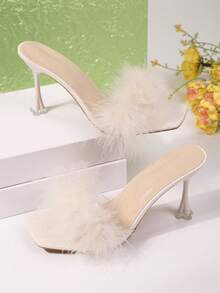 一双饰有蓬松羽毛的时尚奢华性感白色高跟鞋，适合少女穿着，舒适轻便，百搭连衣裙凉鞋，可爱迷人的高跟鞋，适合女孩夏季户外活动、派对、舞会、度假、上学和休闲穿着，可作礼物 - 白色 - 查看 7