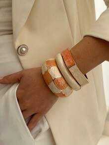 1pc Luxury Orange Textured Niche Design Metal Edged Stackable Bracelet For Women - Multicolor - View 4