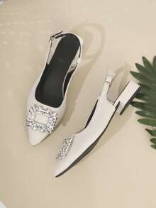 Nuevos zapatos de fiesta con puntera plana y hebilla de cristal de moda para exteriores, zuecos cerrados de punta negra sin cordones, sandalias - Beis - Ver 4