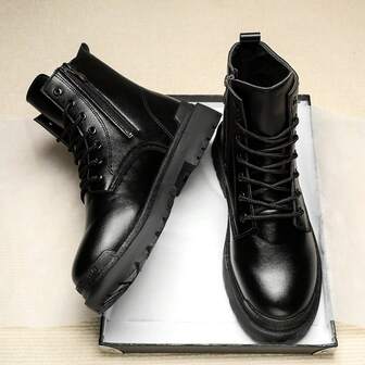 男士黑色休闲靴，复古英伦风摩托车靴，防滑高帮，户外徒步鞋，秋冬季