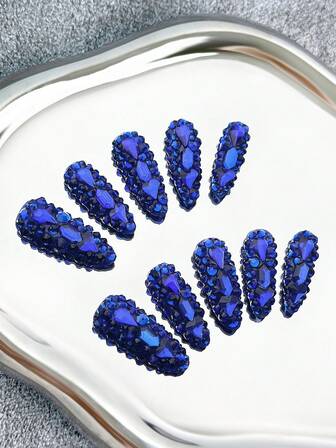 Y2K椭圆形手工按压式美甲，透明甲片，蓝色水钻，闪亮全覆盖3D设计 - 全覆盖DIY闪光人造指甲，适用于派对、户外、海滩、日常、节日、聚会、工作和特殊场合 - 10片/袋