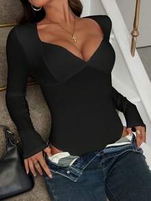 Áo liền thân dệt kim ôm sát màu đen kiểu Y2K gợi cảm dành cho nữ của Vaiaye, cổ chữ V, tay dài, thích hợp cho mùa xuân/hè. - màu đen - Xem 9