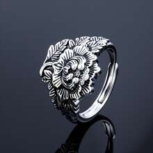 1pc 925 Sterling Silver Vintage Leaf Pattern Personalized Fashion Adjustable Ring, Suitable For Everyday Casual Wear, Gift For Family And Friends On Holidays And Birthdays - Antique Silver - View 2