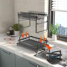 [Kitchen Storage Rack] Large-Capacity Double-Layer Carbon Kitchen Storage Rack With Drainage, Lockable Metal Tableware Stand For Bowls, Cups, Cutting Boards - No Assembly Required, Kitchen Organizers And Storage - Double-layer Black Dish Rack With Knife Holder and Cup Holder - View 5