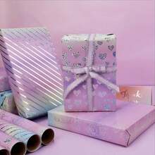 1卷闪亮全息生日包装纸套装，金属质感生日礼物包装纸，适合儿童、女孩，展开后43厘米，总长300厘米/118英寸（4种款式可选） - 彩色 - 查看 3