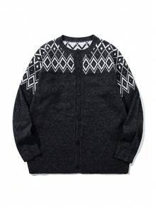 Men's Fair Isle Cardigan Sweater, Loose Drop Shoulder Long Sleeve Button-Up Knit Jacket, Casual Daily Commute Home Wear, Autumn/Winter - Dark Grey - View 6