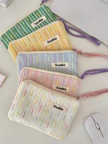 1个可爱条纹帆布拉链化妆包，时尚条纹化妆袋，化妆包，桌面收纳包，圣诞礼物，手拿包/手提包，化妆品收纳袋，创意女士礼物 - 彩色 - 查看 2