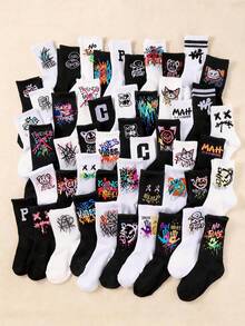 20双儿童袜子，涂鸦袜，街头袜，中筒袜，运动袜，带有涂鸦、字母、笑脸图案，适合青少年，男女通用，适合1-16岁儿童，透气、舒适、柔软 - 彩色 - 查看 3