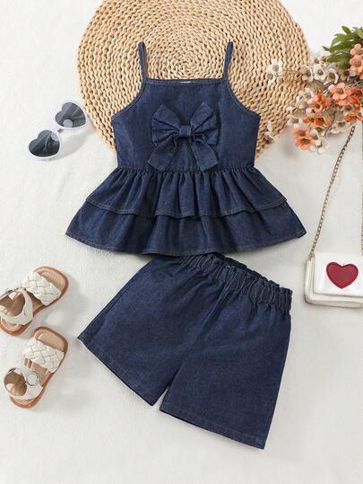Girls' Summer Outfit - Sleeveless Ruffle Strap Top With Bow Accent, Paired With Ruffled Hem Casual Denim Shorts, Suitable For Summer Travel, Beach, Or Everyday Wear