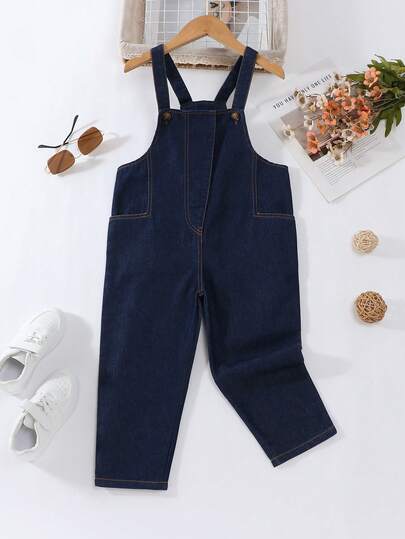 Girls' New Stylish Jumpsuit With Front Zipper Decor, Comfortable & Soft Denim Bib Pants