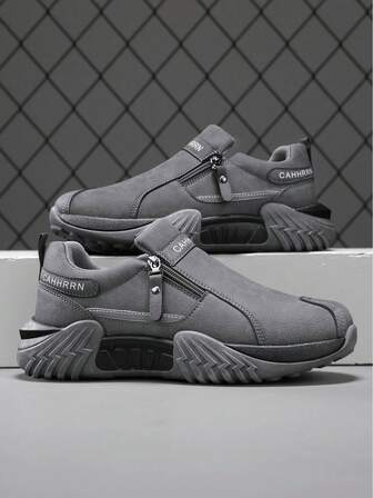 Men's Casual Sneakers, Spring New Fashion Versatile Side Zipper Design, Comfortable Lining, Breathable, Dirt-Resistant, Thick Sole Non-Slip, Leather Patchwork, Suitable For All Seasons