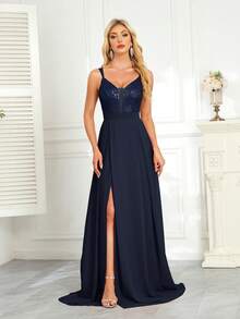 CEILIM Party Sexy Camisole Dress With A Transparent Triangular Chest, Sequined Upper Body, Chiffon Lower Body, Luxurious And Elegant Evening Gown - Navy Blue - View 1