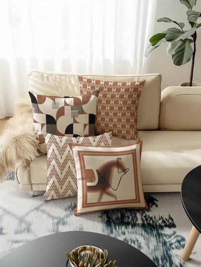 4pcs Bohemian Style Pillow Covers, Minimalist Fashion Line Decorative Cushion Covers, Linen-Feel Pillow Shams, Popular Middle Eastern Design Pillow Cases, Machine Washable, Zipper Closure Polyester Decorative Pillow Covers, Suitable For Home Decor, Soft Single-Sided Printed Pillowcases, Applicable For Living Room, Bedroom, Sofa, No Pillow Insert