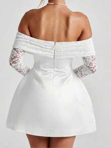 Sexy Off-Shoulder Mini Dress With Sheer Lace Sleeves, Suitable For Women's Evening Party, White Dress - White - View 3