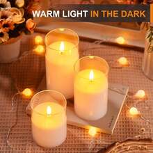 Glass Battery Operated LED Flameless Candles With Remote And Timer, Real Wax Candles Warm Color Flickering Light For Festival Wedding Home Party Decor(Pack Of 3),Valentine's Day Gifts - trắng - Xem 4