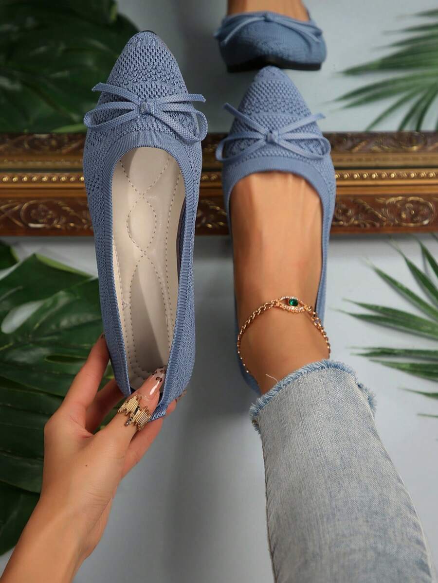 Summer Knitted Pointed Toe Flat Shoes For Women, Blue Bow Tie Breathable Slip-On Casual Loafers - Blue - View 1