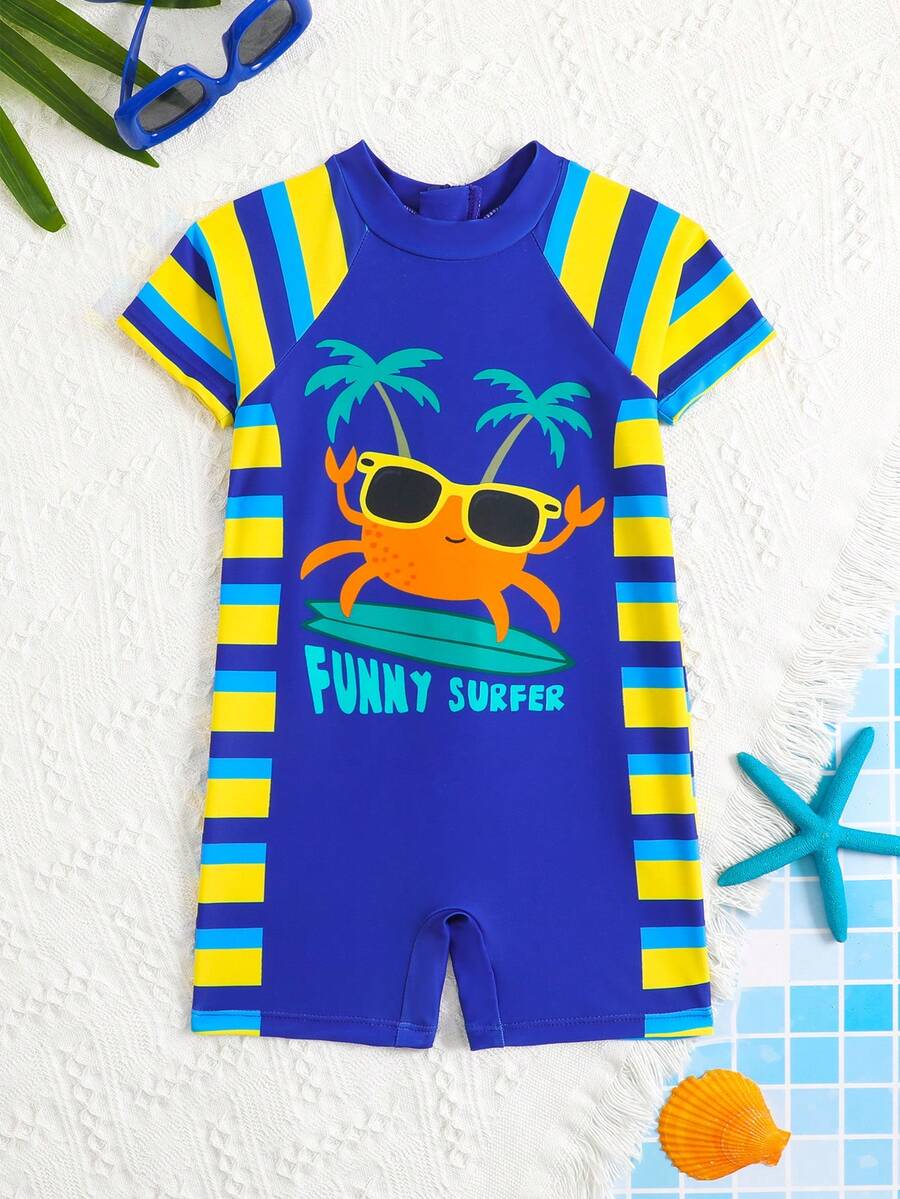 Young Boy Crab Cartoon Print Striped Raglan Short Sleeve Romper Swimsuit - Yellow - View 1