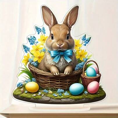 2D Flat, Bohemian Style Easter Bunny, Acrylic Desktop Decor With Flowers And Eggs, Spring Decoration, Suitable For Tabletop, Easter Decoration