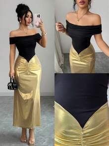 Elegant Women's Off-Shoulder Gold And Black Knit Bodycon Dress With Ruffle Details - Multicolor - View 3