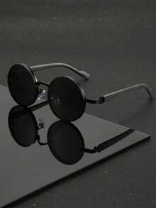 Men's Metal Circular Wood Grain Frame Fashion Glasses With Adjustable Arms - Black - View 1