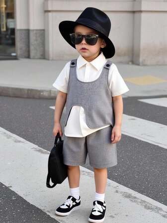 Set da 3 pezzi per ragazzi, stile estivo nuovo: camicia bianca a maniche corte con colletto + top senza maniche tinta unita + pantaloncini