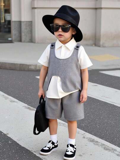 3 قطع/مجموعة ملابس علوية أبيض أساسي مع طوق + توب بلا أكمام أساسي + شورت لصيف الأولاد الجديد