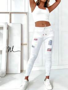 Calças femininas jeans estrelas calças femininas calças femininas cordão cinza elástico camuflagem namorado calças soltas com pingente calças casuais mais recentes Casual casual elástico jeans bolso jeans outono primavera - Branco - Ver 5