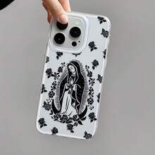 Funda para teléfono con diseño floral de la Virgen María, compatible con teléfonos ,  17,  16 Pro Max,  15 Pro Max,  13 y  12. Fabricada en TPU, ofrece protección contra golpes y caídas. Un regalo ideal para familiares, amigos, ocasiones religiosas y celebraciones especiales. Perfecta para cumpleaños, festividades o simplemente para demostrar tu cariño. - Blanco - Ver 4