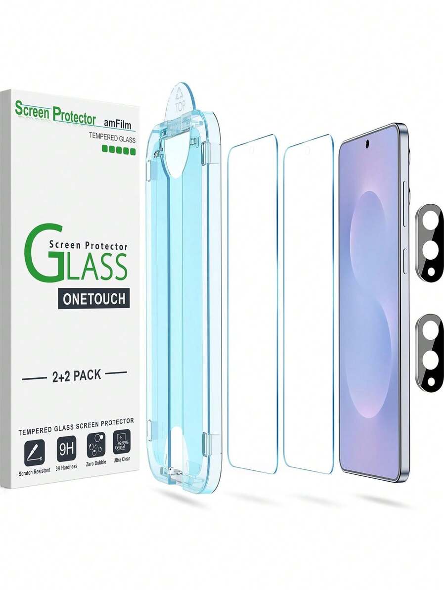 (2+2 Piezas) OneTouch Compatible con Samsung Galaxy S25 Edge Protector de Pantalla, Mica Cristal Vidrio Templado, y Protectores de Lente de Cámara, Dureza 9H con Kit de Instalación Fácil,38083961 - Gris - Ver 1
