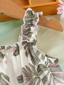 Baby GirlSleeveless Dress, Apricot Base With Green Leaf Print, Ruffle Hem, Loose And Comfortable Fit, Fresh Tropical Style, Suitable For Summer Casual Outings - Green - View 4