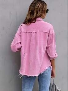 Women's Large-Sized Pink Denim Jacket With Frayed Edges On The Side Pockets Of The Collar For A Retro And Casual Look, Suitable For Daily Wear. Pair It With A Women's Large-Sized Denim Jacket. - 粉色 - 查看 2