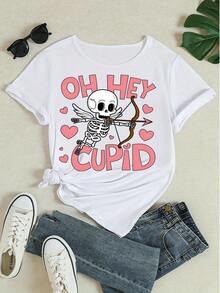 Valentine's Day Graphic Tee Women's Casual Short Sleeve T - Shirt Oh Hey Cupid Skeleton Print Heart Pattern Loose Fit Top - White - View 4