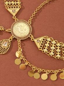 1pc Gold Coin Tassel Headchain, Arabic Style Wavy Tassel Rhinestone Flower Women Hair Chain, Bridal Luxury Hair Jewelry, Women's Party Jewelry