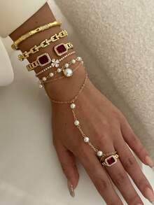 1件复古多层酒红色锆石珍珠手链，小众设计金属多层指链 - 彩色 - 查看 3