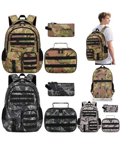 3Pcs Camouflage School Backpack/Handbag/Storage Bag Set, 15.6-Inch Laptop Bag, Schoolbag For Boys, Outdoor Travel & Camping Backpack, Lightweight & Large Capacity Backpack, Smooth Zipper, Multiple Colors, Ideal Birthday Gift, Suitable For Teen Boys Back To School And Everyday Use