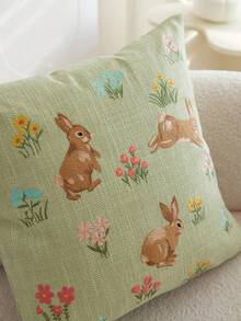1pc Easter Green Rabbit Embroidered Throw Pillow Cover, Spring Floral Cushion Cover, Suitable For Indoor Decor, Spring/Summer Pillowcase, Pillow Insert Not Included - Green - View 5