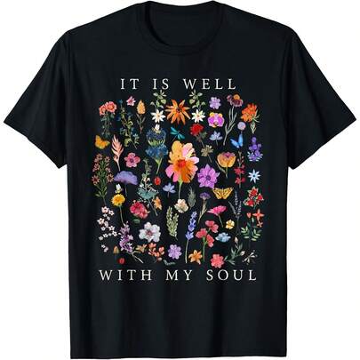 Is Well With My Soul Vintage Floral Christian Religious T-Shirt Suitable for year-round wear, 220g pure cotton single-sided printed crew neck short-sleeve T-shirt, women's fun printed top