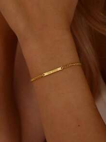 1pc Customized Minimalist Cuban Link Bracelet, Personalized Name Plate Bracelet, Minimalist Personalized Bracelet, Engraved Plate Bracelet, Date Engraved Bracelet, Unisex Bracelet, Customized Gift, Gift For Her/Him, Valentine's Day Gift, Mother's Day Gift, Father's Day Gift - Multicolor - View 5