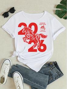 T-shirt grafica Anno del Cavallo Capodanno Cinese 2026, maglietta casual a maniche corte girocollo da donna, adatta per feste e vacanze - Bianco - Visualizzare 4