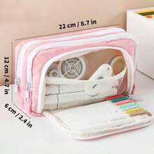 Big Capacity Pencil Case 3 Compartments Large Pencil Pouch Pen Bag Pencil Box Holder Organizer Simple Storage Aesthetic Stationery Cosmetic For Adults Men Women Office Essentials - 粉色 - 查看 4
