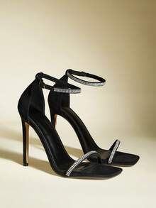 Women's Square Toe Rhinestone Embellished Ankle Strap High Heel Sandals, Sexy & Fashionable For Party Wear - Black - View 9