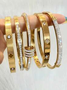 2026新款不锈钢镀K金条纹花卉亮面图案首饰套装：风格优雅，细节吸睛，适合日常佩戴。完美融合品质与时尚。 - 金色 - 查看 2